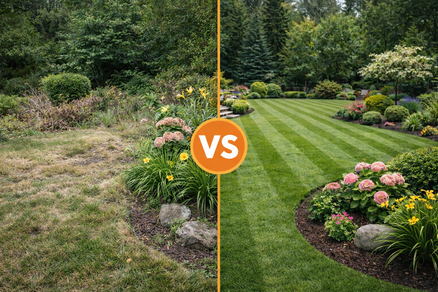 Freshly maintained lawn with landscaping beds